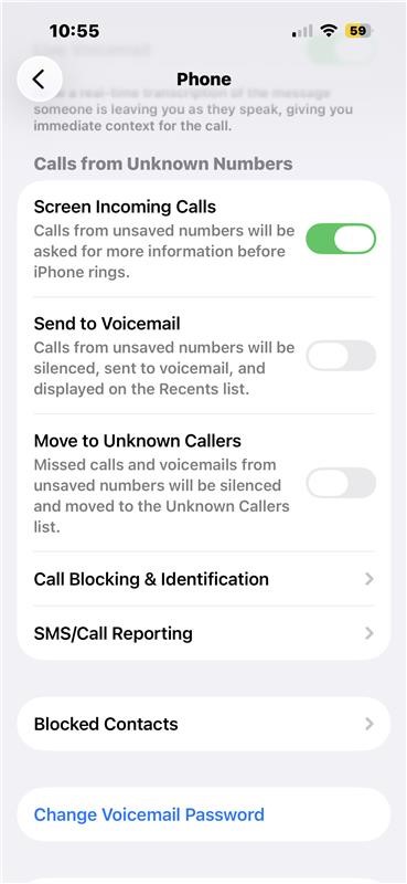 Screenshot image of iPhone settings with iOS 26 beta displaying option to turn on the “Screen Incoming Call Feature