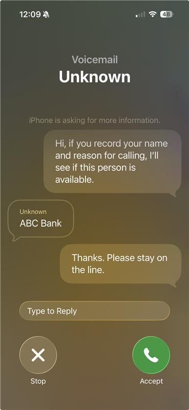 Screenshot image of iPhone settings with iOS 26 beta call screen and text prompt to the caller