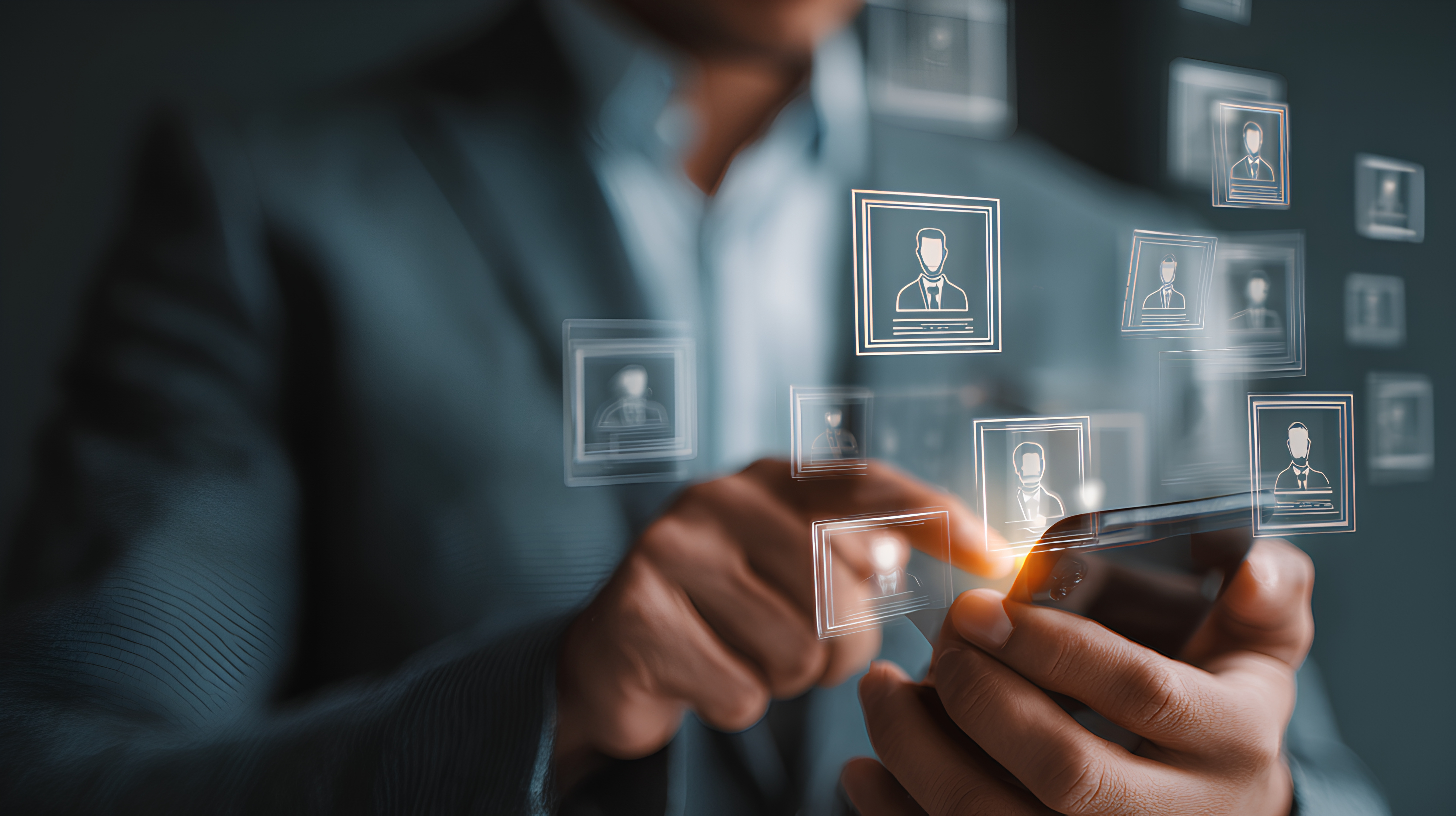 Stock photography of man in suit holding a phone with identity graphics