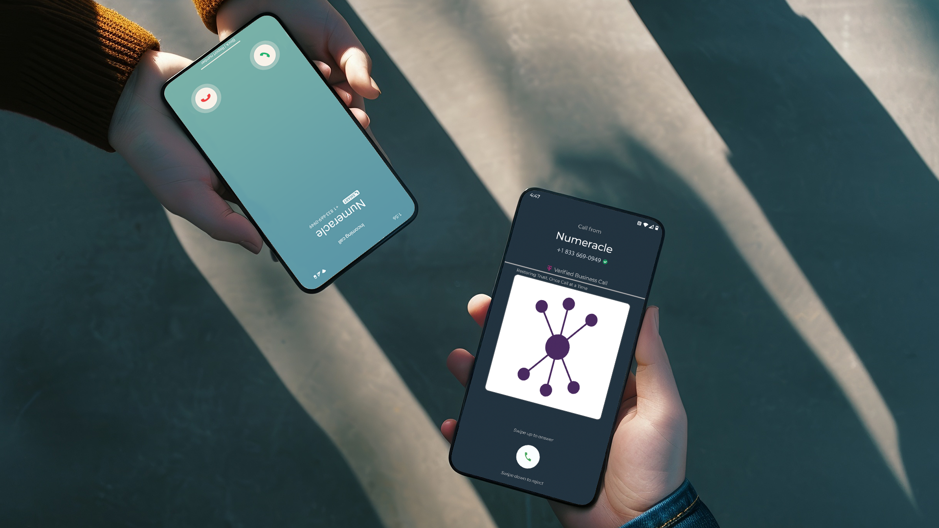 What’s the best branded calling solution? Numeracle highlights how Branded Calling ID (right phone) builds trust while securely delivering calls, as the best branded calling solution on the market.
