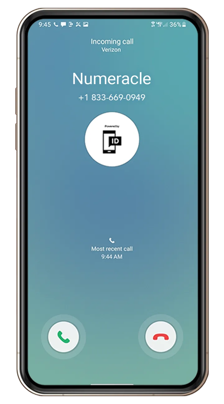 Numeracle Smart Branded phone call on the Verizon network to an Android phone - real screenshot